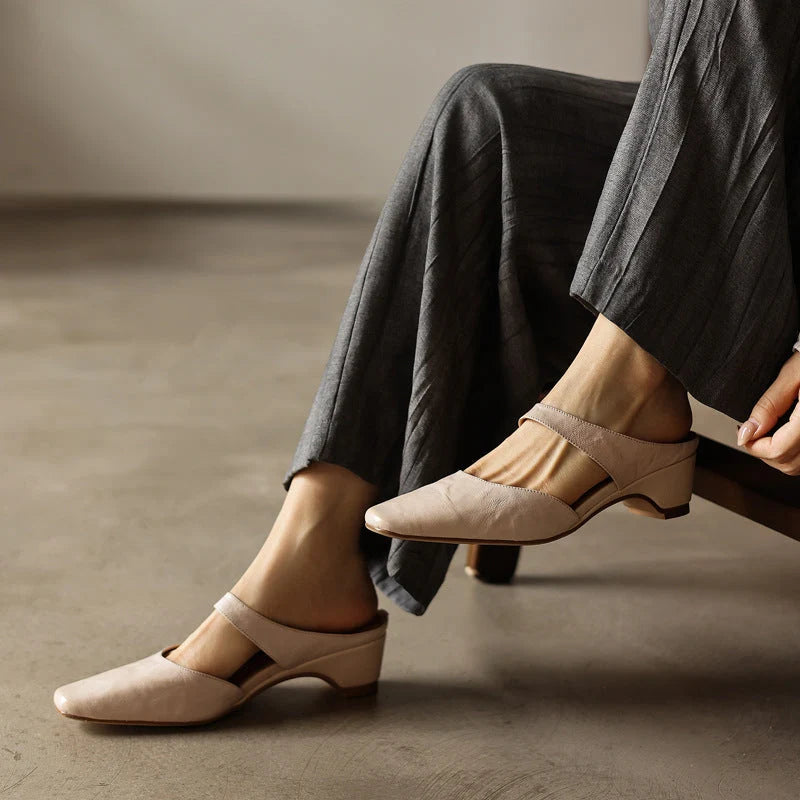 Leather Mules Square Toe Cushioned Insole Wedge Heel 2 Inch