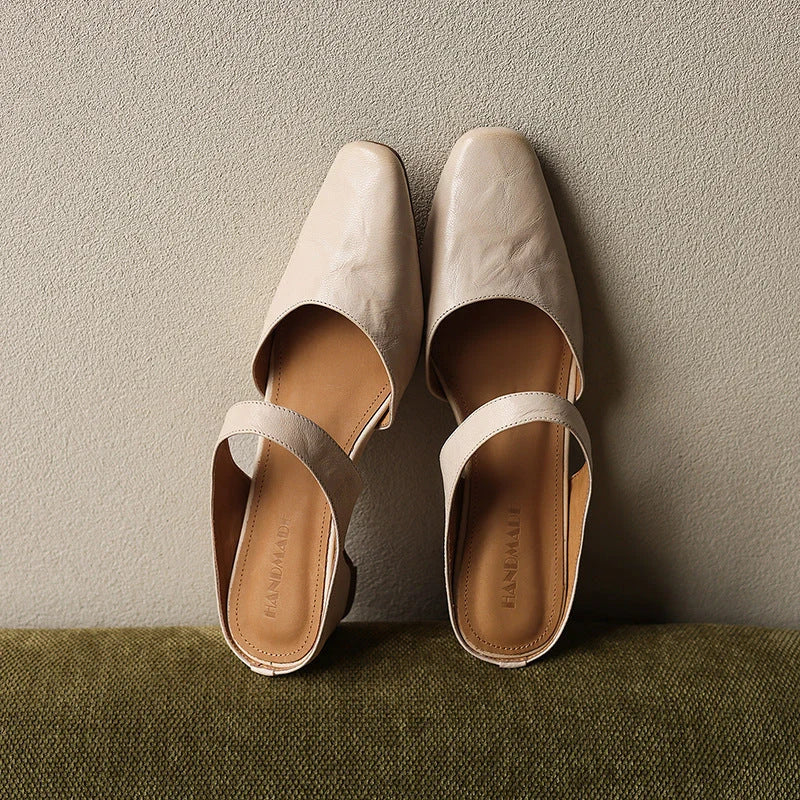 Leather Mules Square Toe Cushioned Insole Wedge Heel 2 Inch