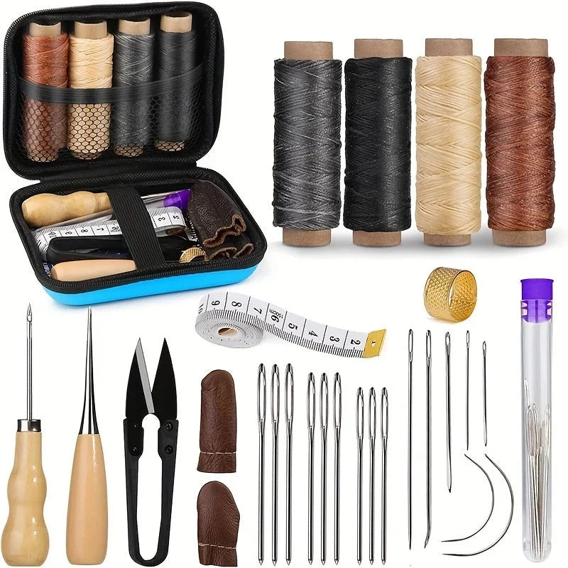 Leather Sewing Kit Waxed Thread Precision Needles Zippered Pouch