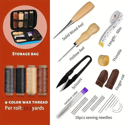 Leather Sewing Kit Waxed Thread Precision Needles & Zippered Pouch