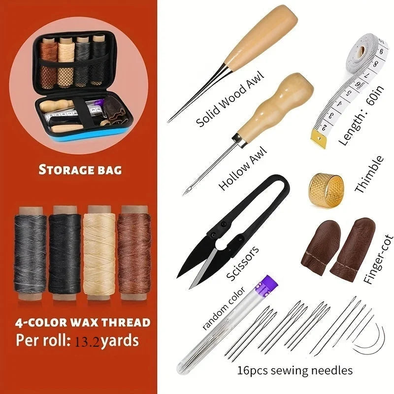 Leather Sewing Kit Waxed Thread Precision Needles Zippered Pouch