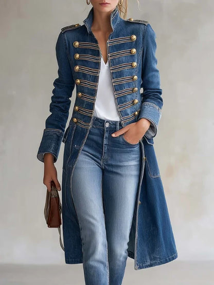 Long Coat Military-Inspired Double-Breasted Officer Collar