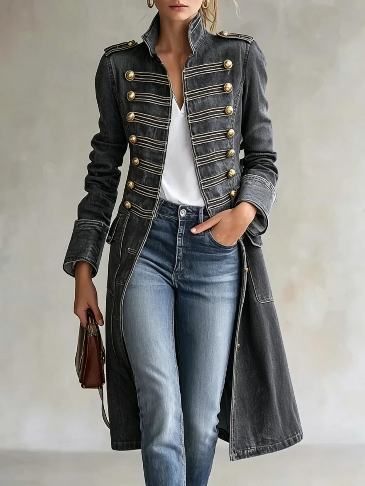 Long Coat Military-Inspired Double-Breasted Officer Collar