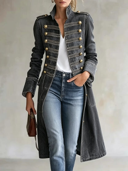 Long Coat Military-Inspired Double-Breasted Officer Collar