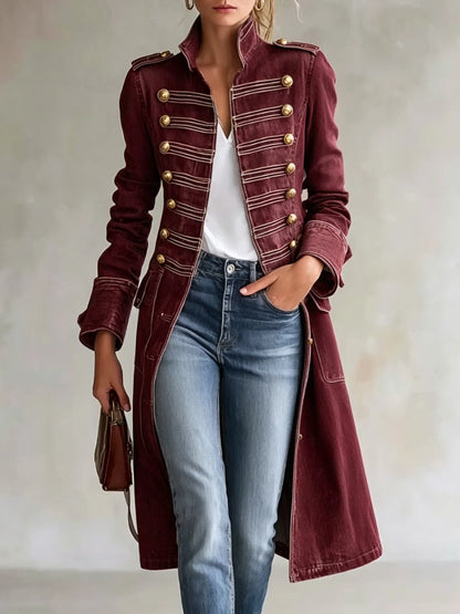Long Coat Military-Inspired Double-Breasted Officer Collar