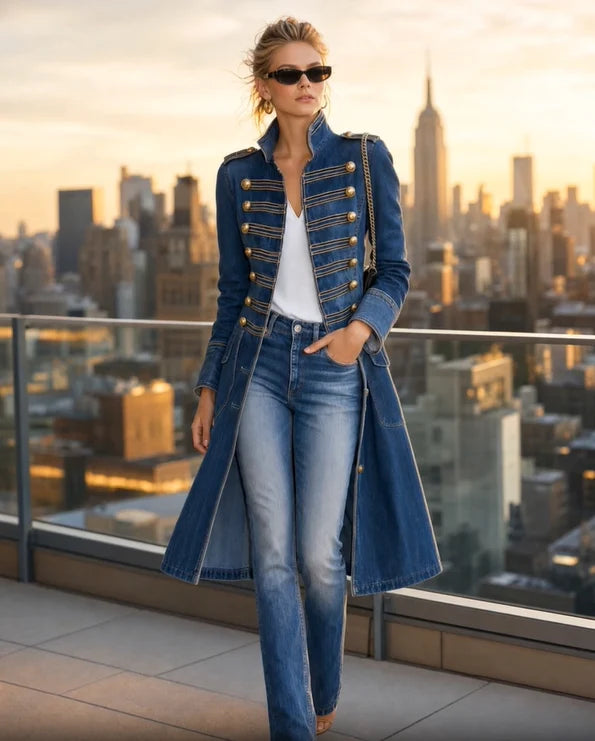 Long Coat Military-Inspired Double-Breasted Officer Collar