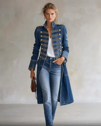 Long Coat Military-Inspired Double-Breasted Officer Collar