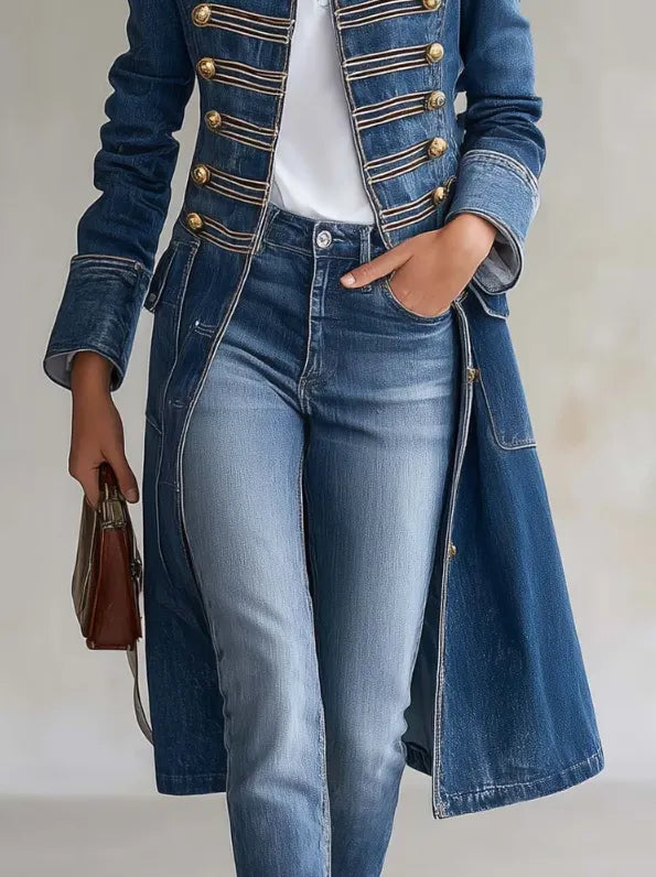 Long Coat Military-Inspired Double-Breasted Officer Collar