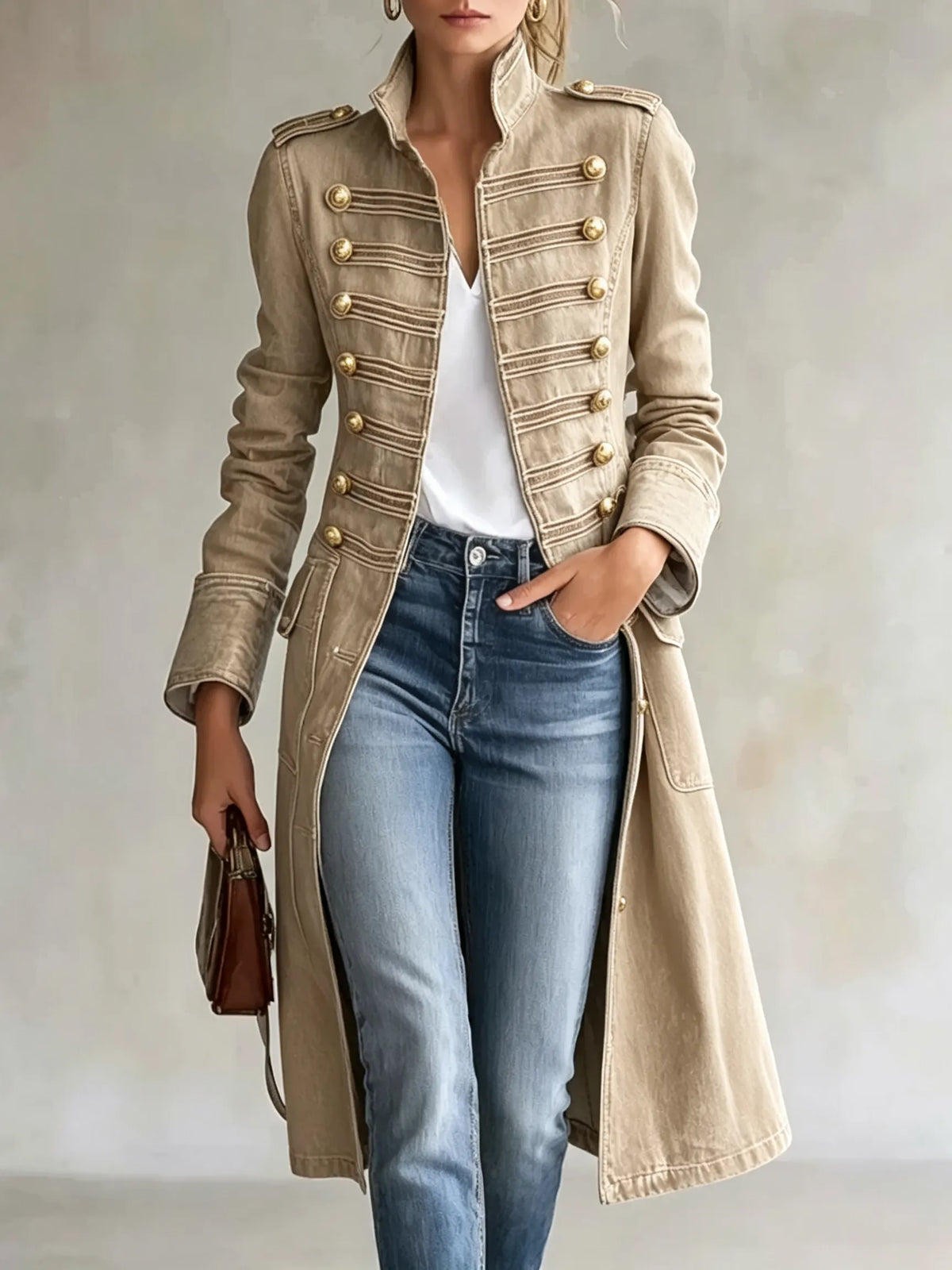 Long Coat Military-Inspired Double-Breasted Officer Collar