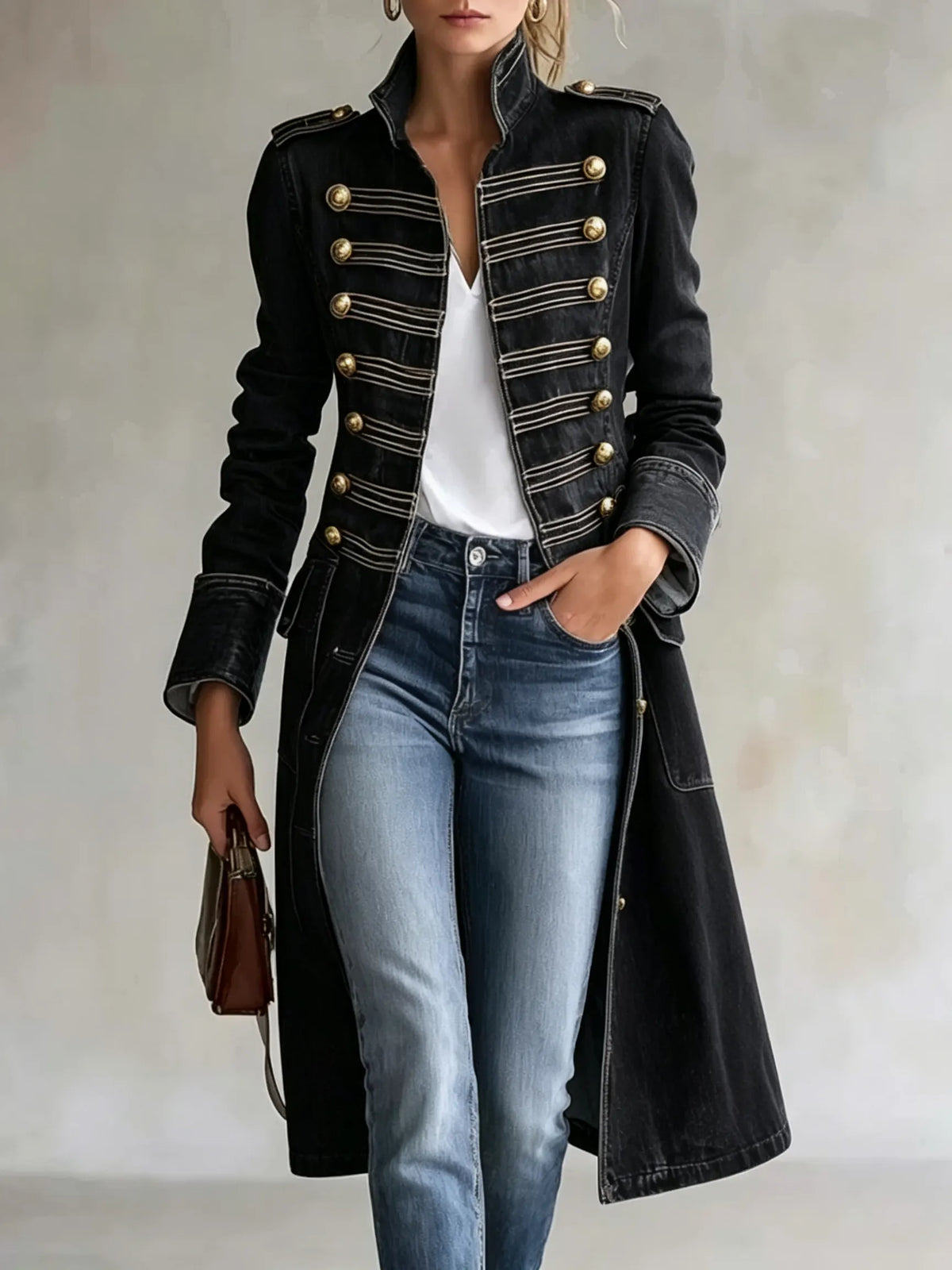 Long Coat Military-Inspired Double-Breasted Officer Collar