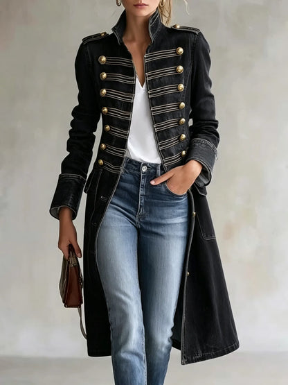 Long Coat Military-Inspired Double-Breasted Officer Collar