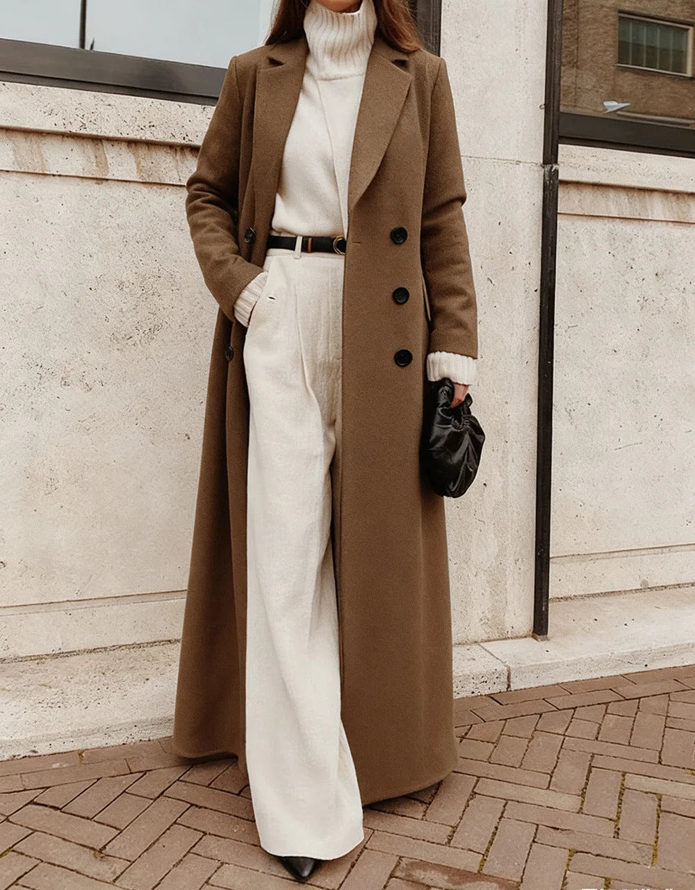 Long Coat Wool Blend Double-Breasted Deep Pockets