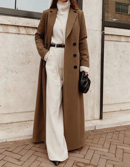 Long Coat Wool Blend Double-Breasted Deep Pockets
