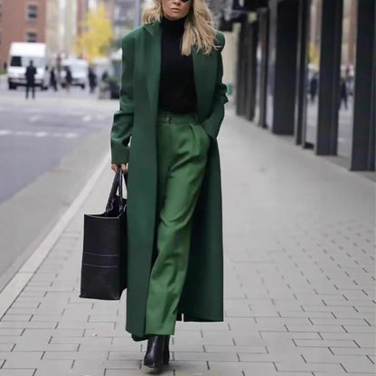 Long Coat Wool Blend Double-Breasted Deep Pockets