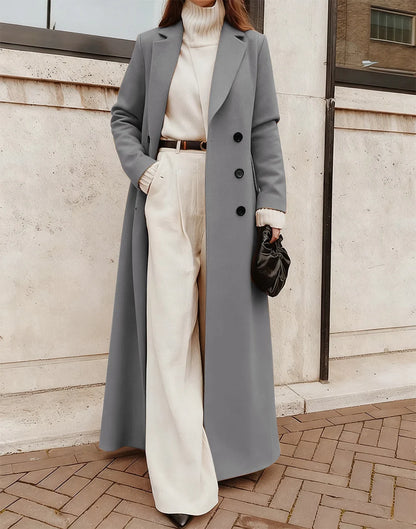 Long Coat Wool Blend Double-Breasted Deep Pockets