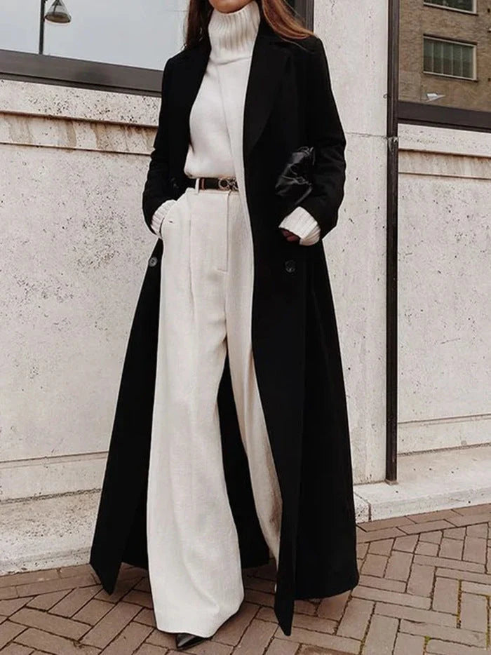 Long Coat Wool Blend Double-Breasted Deep Pockets