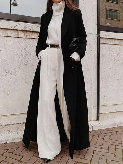 Long Coat Wool Blend Double-Breasted Deep Pockets