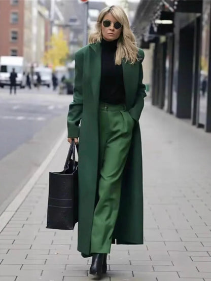 Long Coat Wool Blend Double-Breasted Deep Pockets