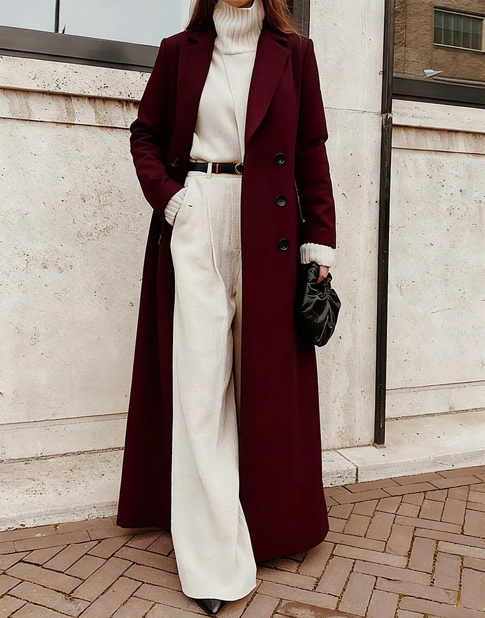 Long Coat Wool Blend Double-Breasted Deep Pockets