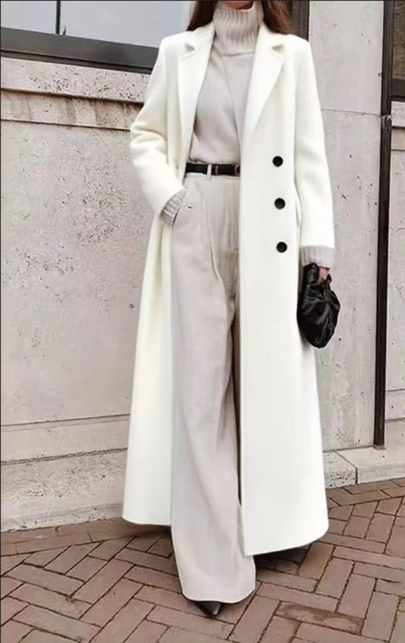Long Coat Wool Blend Double-Breasted Deep Pockets