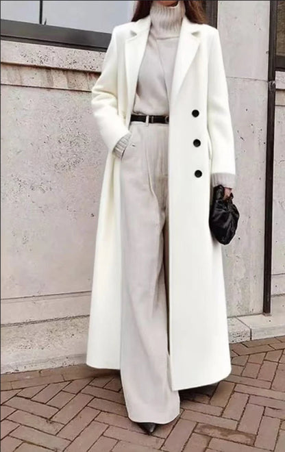 Long Coat Wool Blend Double-Breasted Deep Pockets
