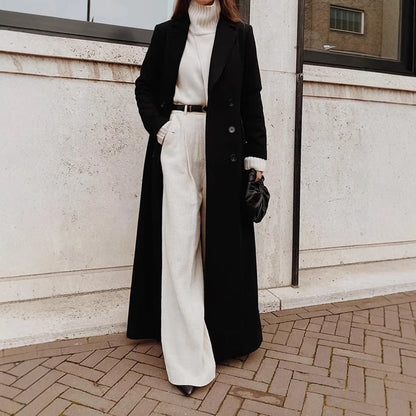 Long Coat Wool Blend Double-Breasted Deep Pockets