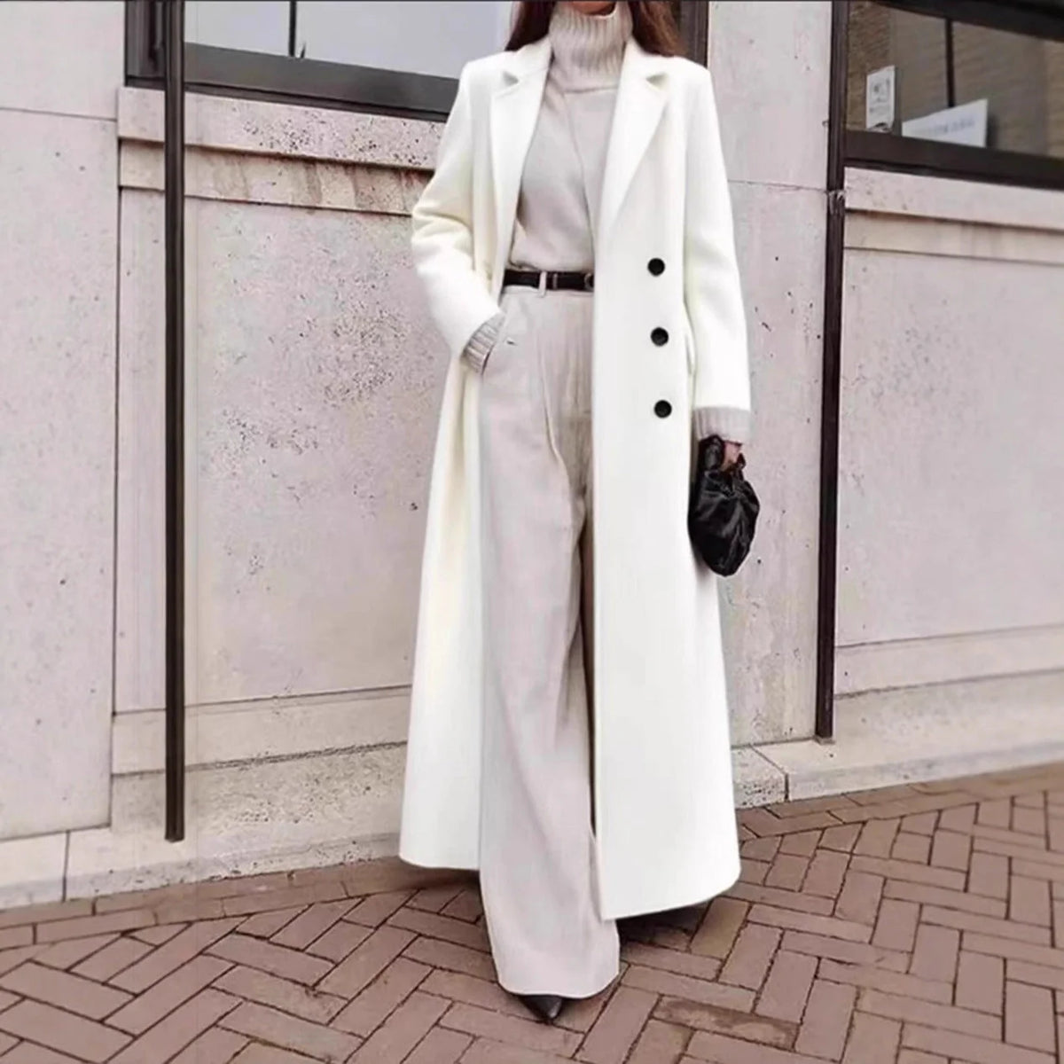 Long Coat Wool Blend Double-Breasted Deep Pockets