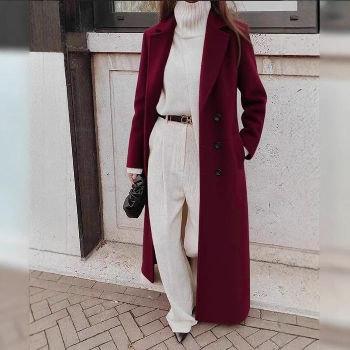 Long Coat Wool Blend Double-Breasted Deep Pockets