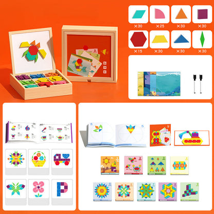 Magnetic Wooden Building Blocks Pattern Cards & Storage Box