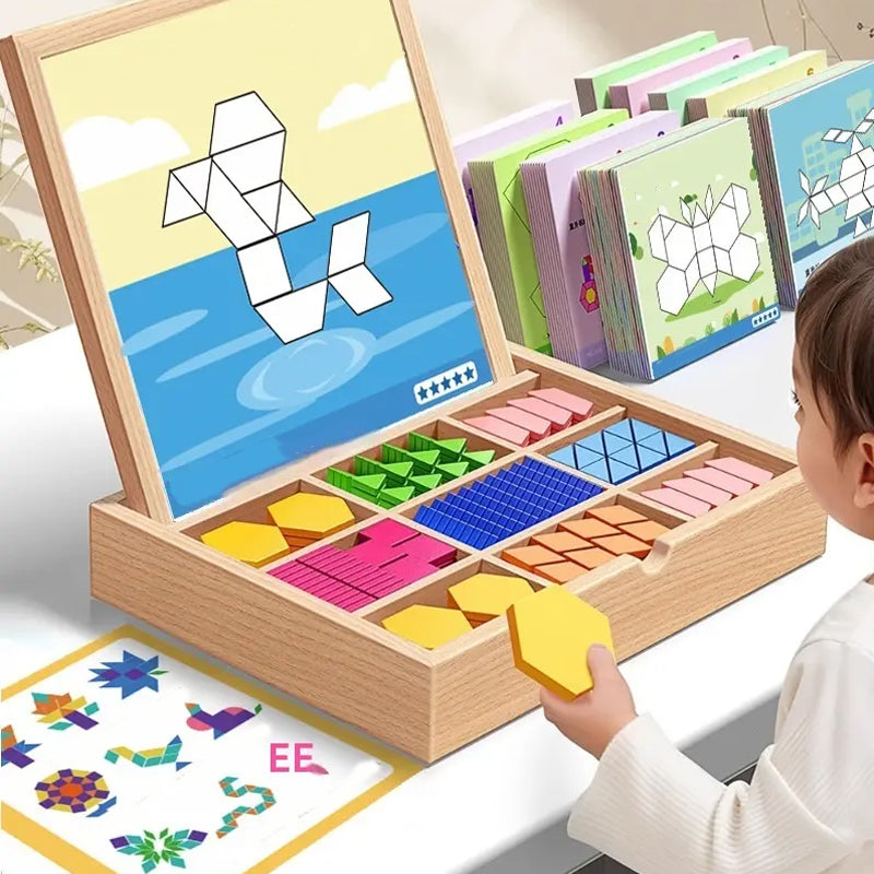 Magnetic Wooden Building Blocks Pattern Cards & Storage Box