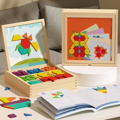 Magnetic Wooden Building Blocks Pattern Cards & Storage Box