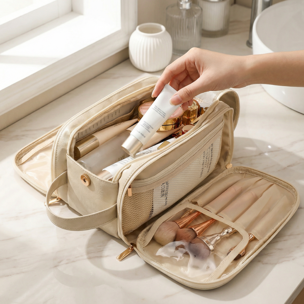 Makeup Organizer Case Flat-Opening Waterproof PU Leather