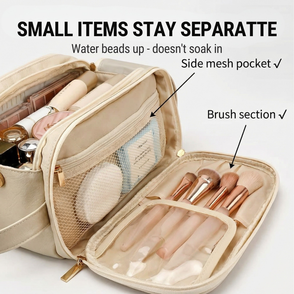 Makeup Organizer Case Flat-Opening Waterproof PU Leather