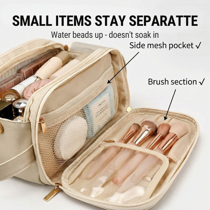 Makeup Organizer Case Flat-Opening Waterproof PU Leather