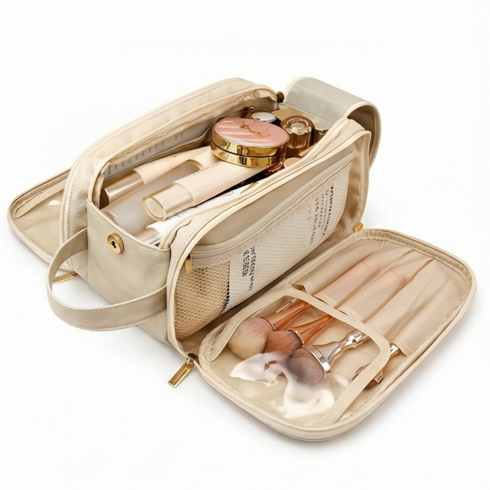 Makeup Organizer Case Flat-Opening Waterproof PU Leather