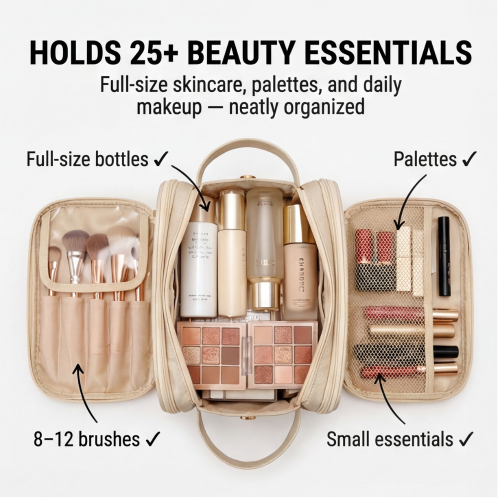 Makeup Organizer Case Flat-Opening Waterproof PU Leather