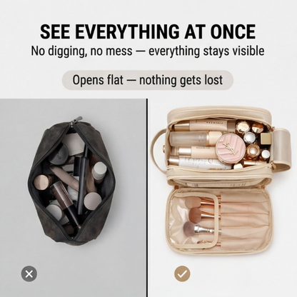 Makeup Organizer Case Flat-Opening Waterproof PU Leather