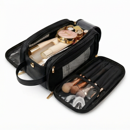 Makeup Organizer Flat-Folding Dual-Zip Waterproof PU Leather