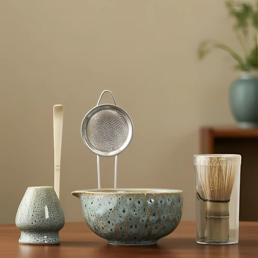 Matcha Tea Set Handcrafted Ceramic Bowl Bamboo Accessories Set of 5