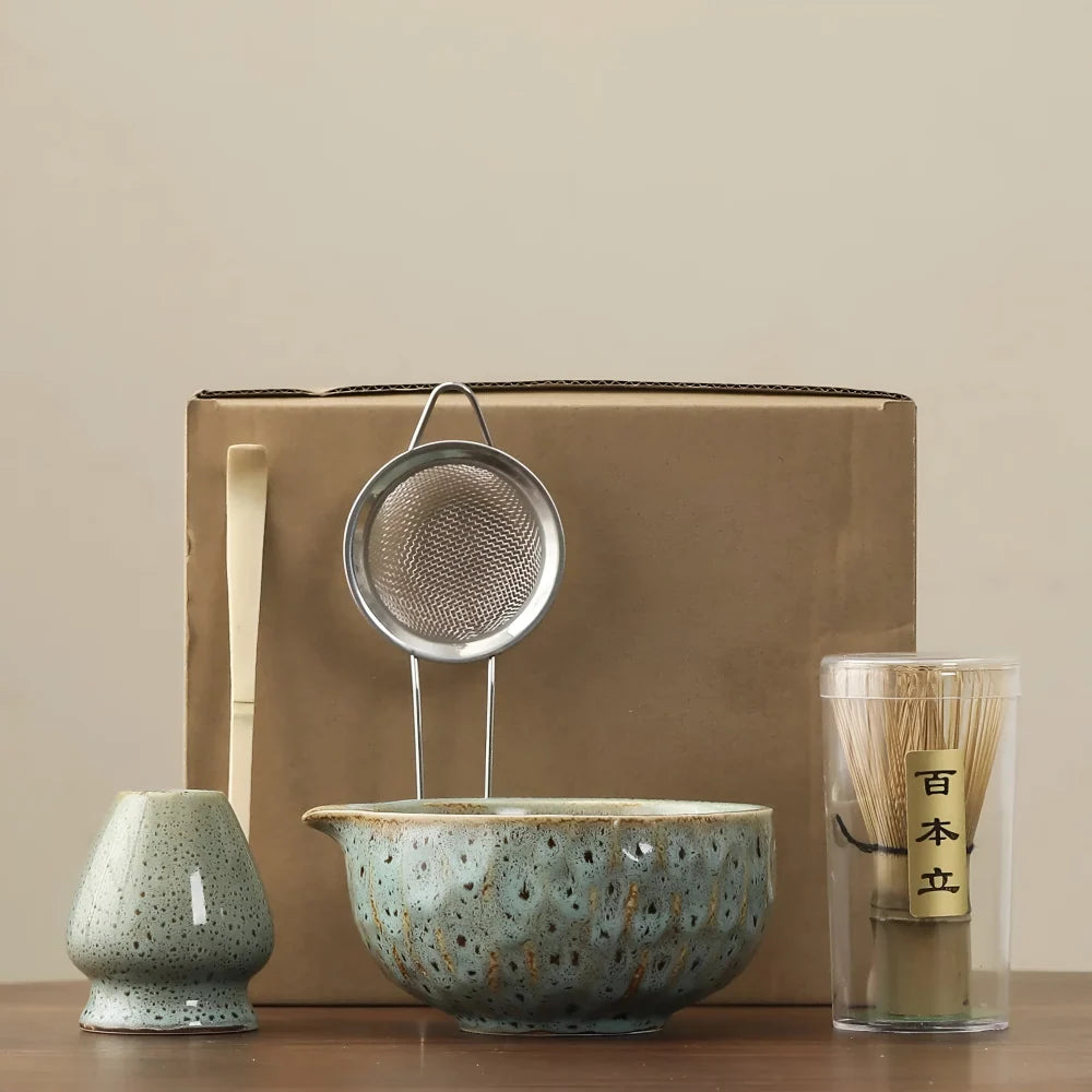 Matcha Tea Set Handcrafted Ceramic Bowl Bamboo Accessories Set of 5