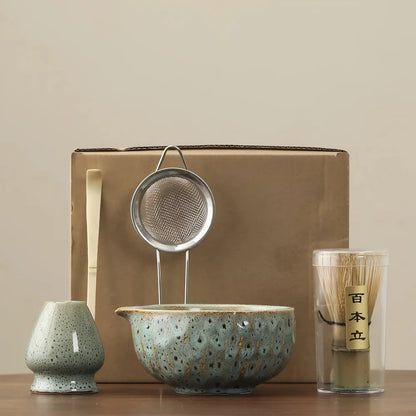 Matcha Tea Set Handcrafted Ceramic Bowl Bamboo Accessories Set of 5