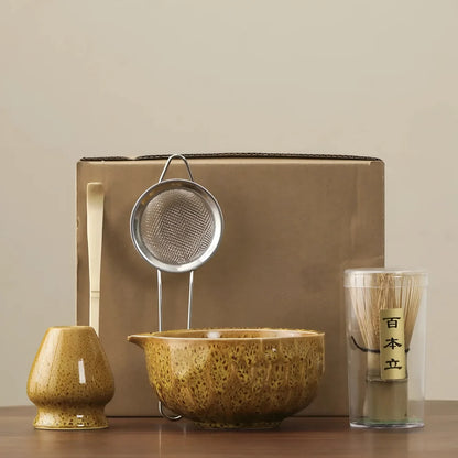 Matcha Tea Set Handcrafted Ceramic Bowl Bamboo Accessories Set of 5