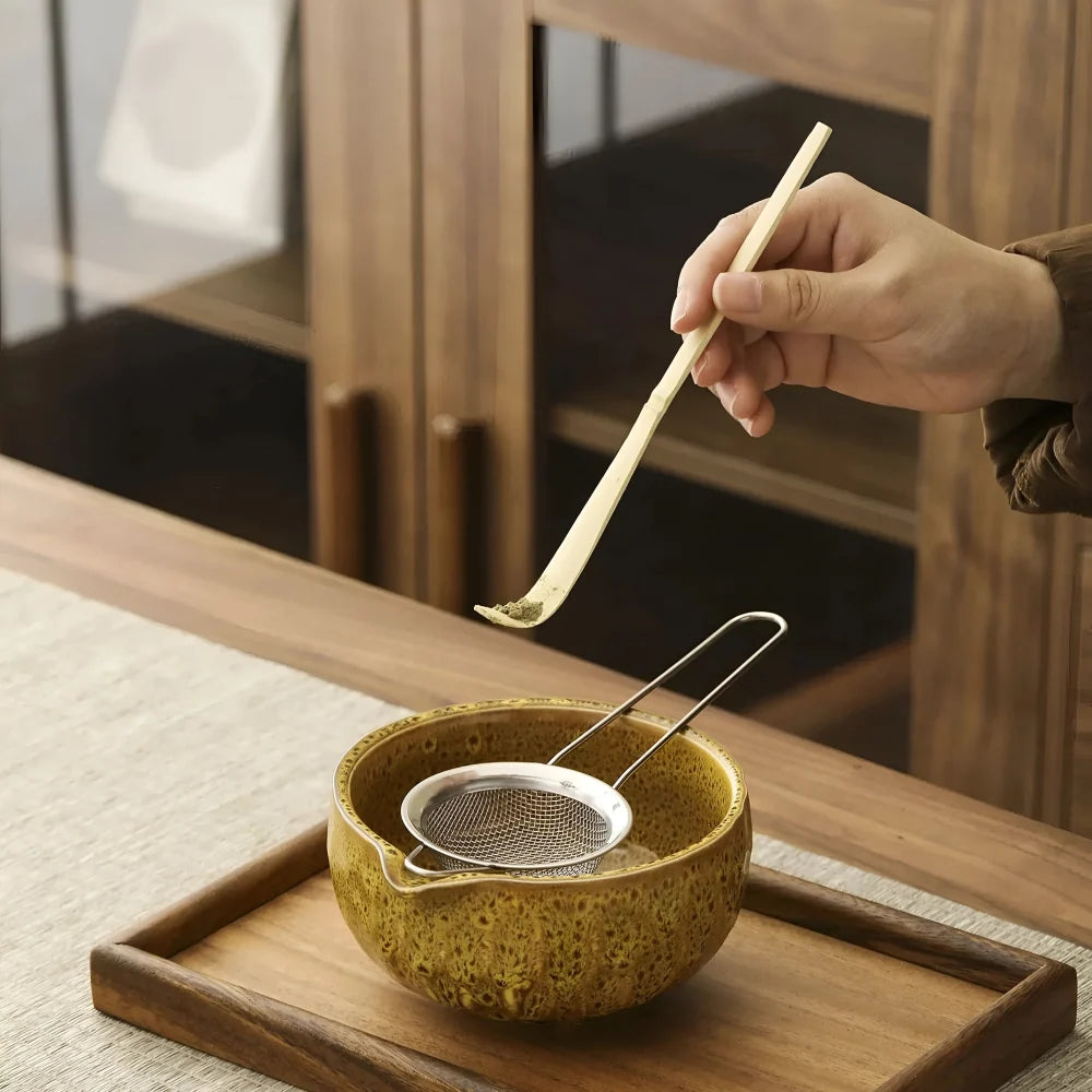 Matcha Tea Set Handcrafted Ceramic Bowl Bamboo Accessories Set of 5