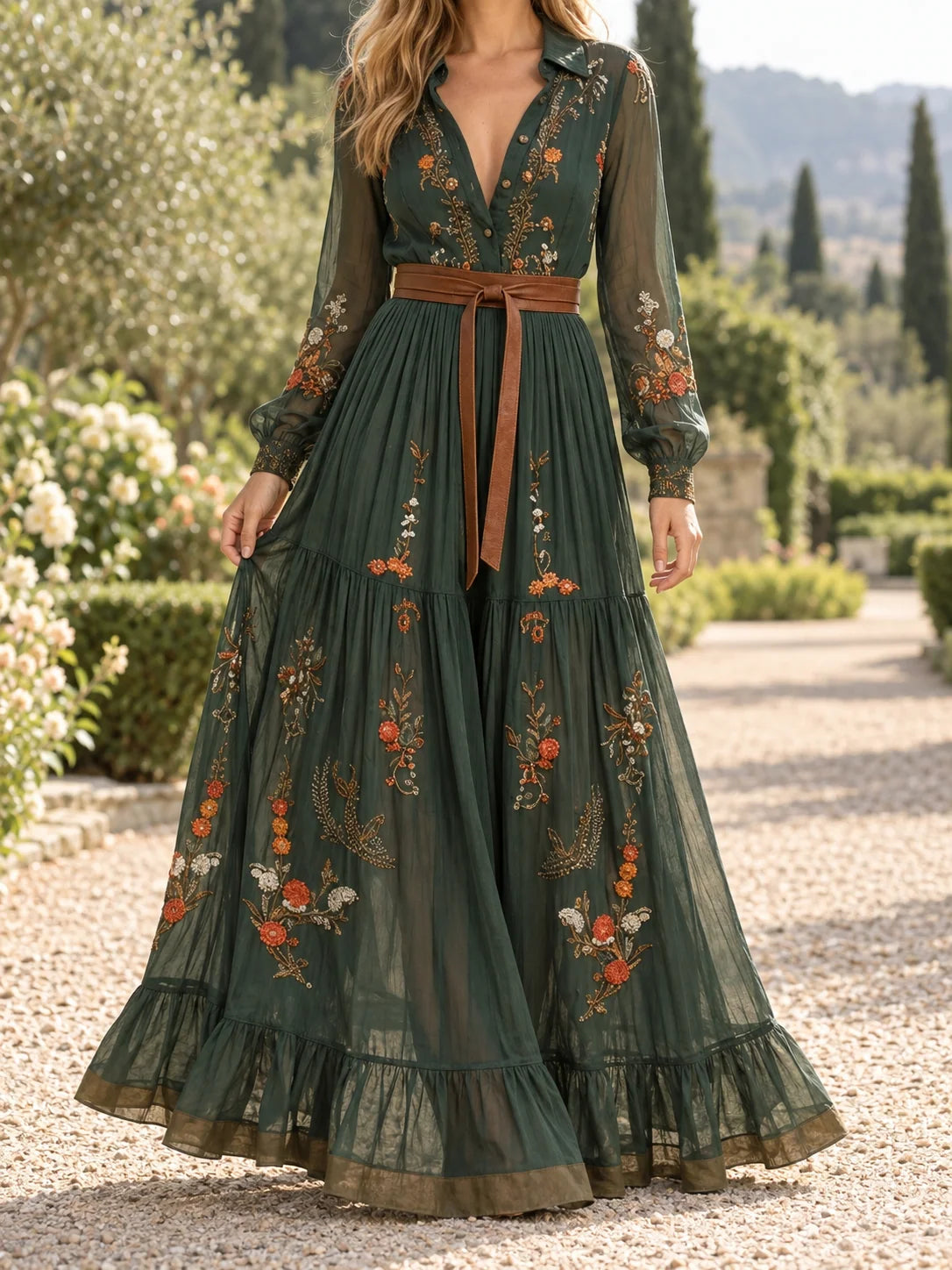 Maxi Dress Floral Detail Long Sleeves Tiered Ruffle Skirt