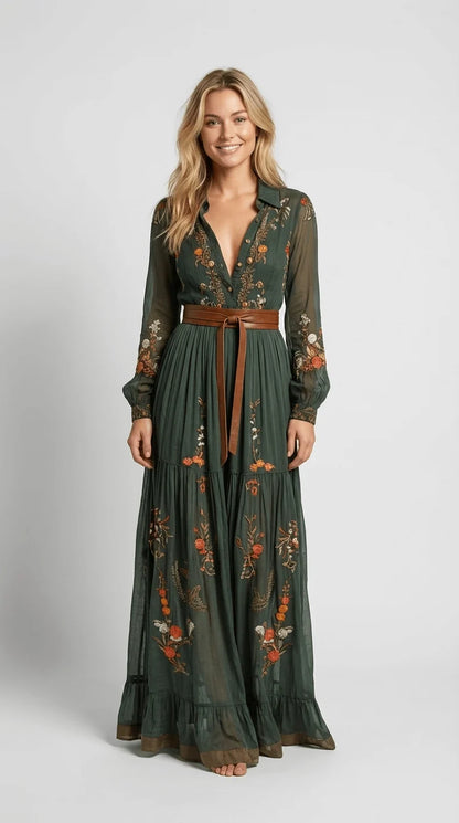 Maxi Dress Floral Detail Long Sleeves Tiered Ruffle Skirt
