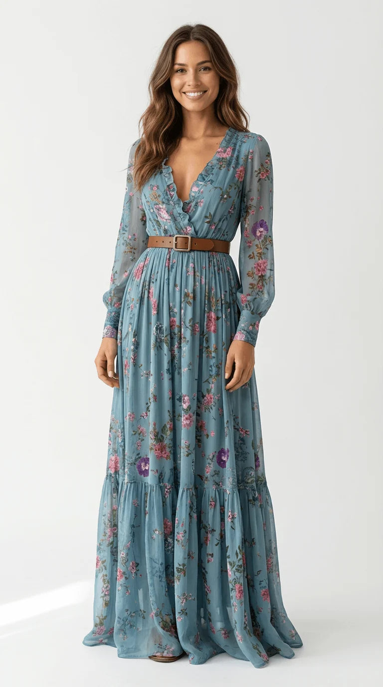 Maxi Dress Floral Detail Long Sleeves Tiered Ruffle Skirt