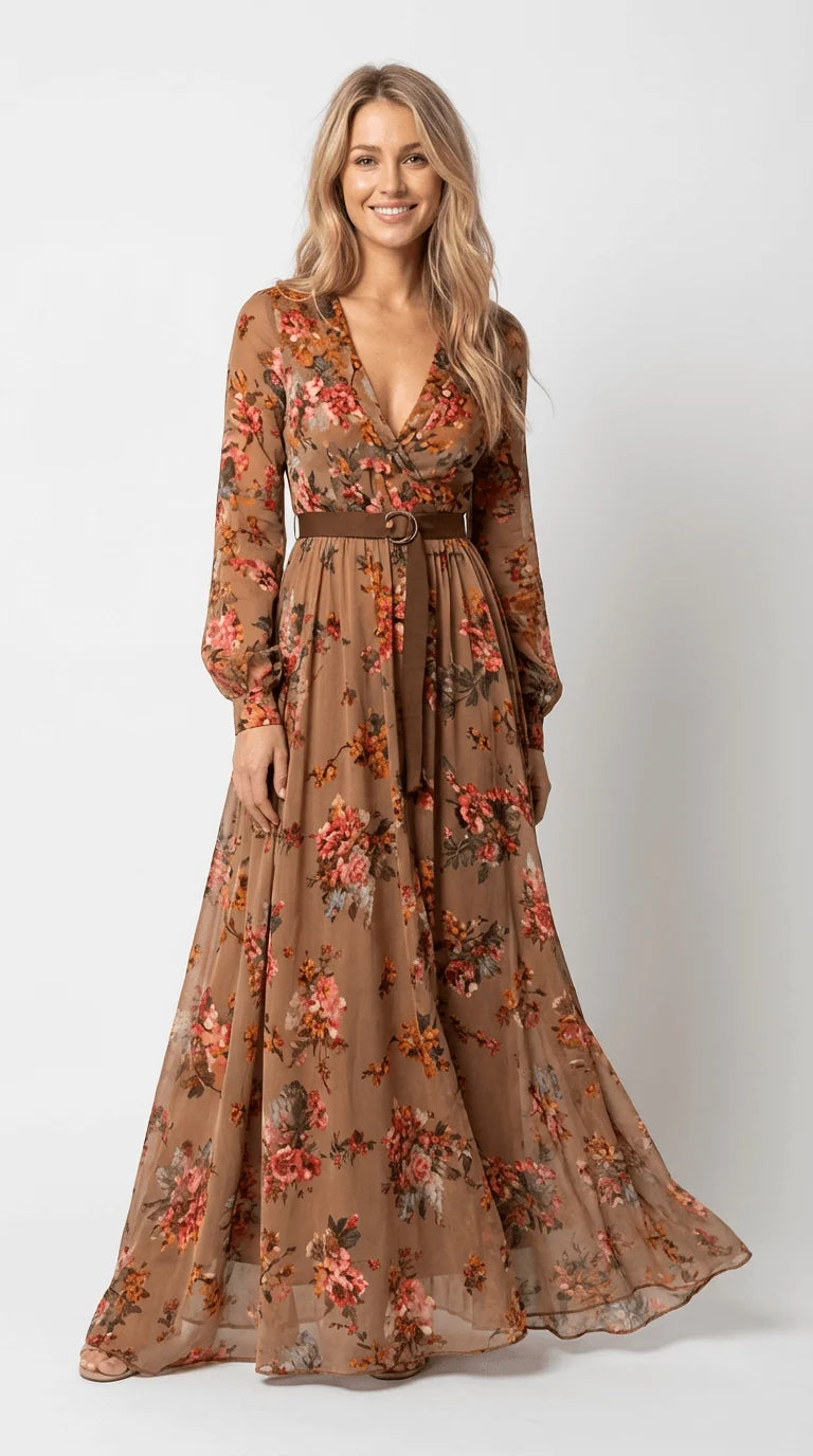 Maxi Dress Floral Detail Long Sleeves Tiered Ruffle Skirt