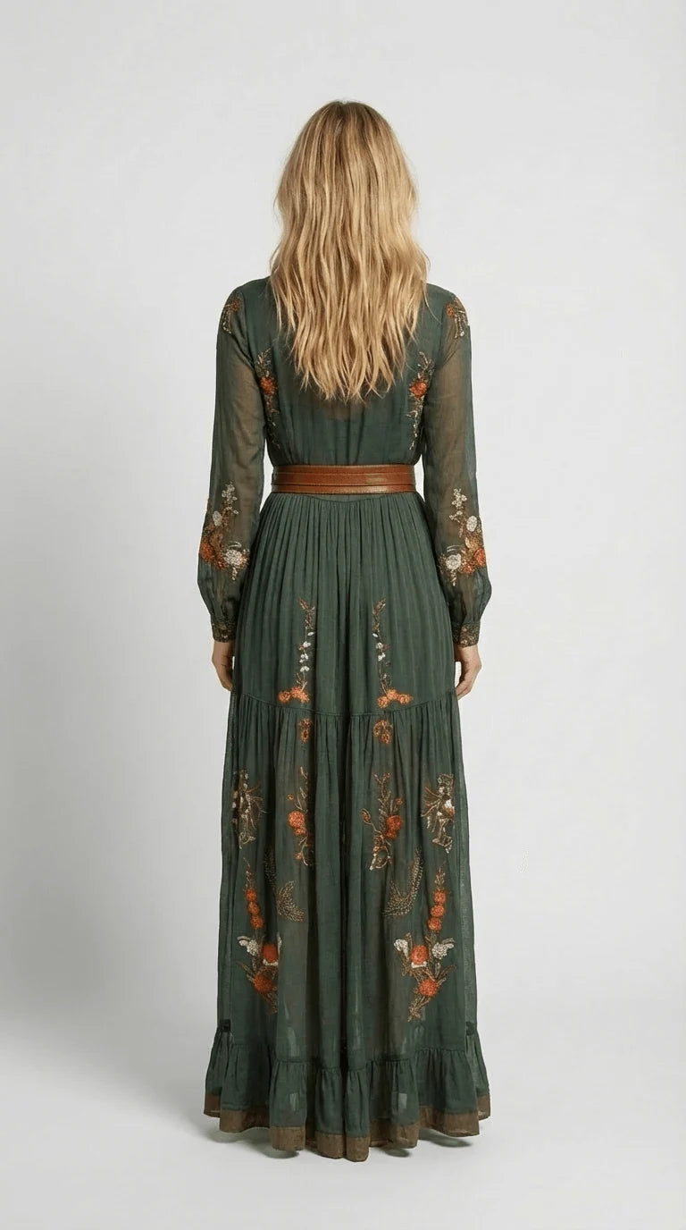 Maxi Dress Floral Detail Long Sleeves Tiered Ruffle Skirt