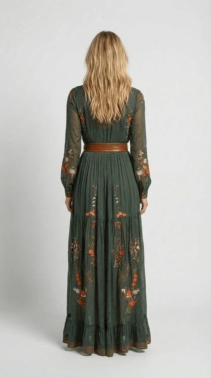Maxi Dress Floral Detail Long Sleeves Tiered Ruffle Skirt