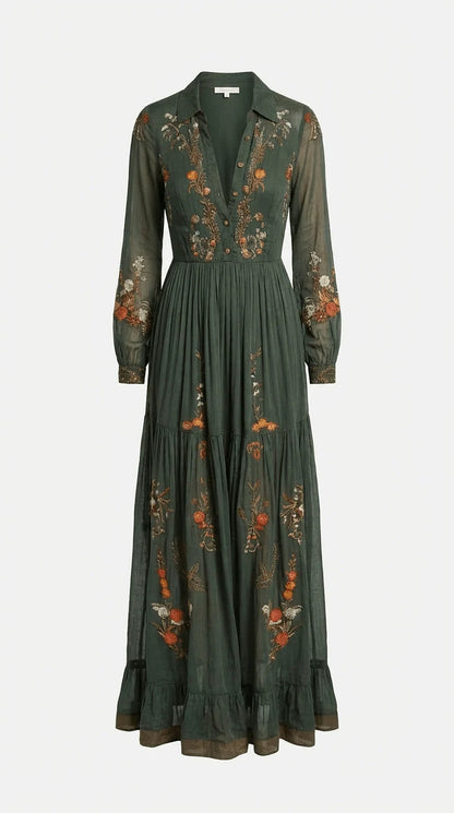 Maxi Dress Floral Detail Long Sleeves Tiered Ruffle Skirt